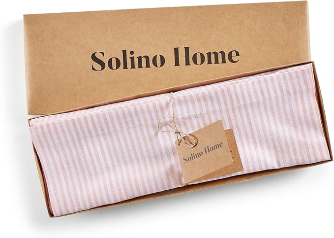 Solino Home Linen Placemats Set of 4 - Narrow Stripe Peach and White Placemats 14 x 19 Inch - 100% Pure Linen Place Mats