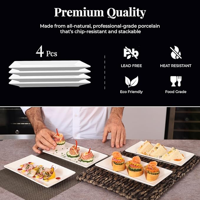 9.7" Rectangle Serving Plates, Ideal for Serving Your Favorite Platter Sized Perfectly for Appetizer, Sushi, Tapas, Taco, Dessert Platters, Raised Lip White Porcelain Tray - Set of 4