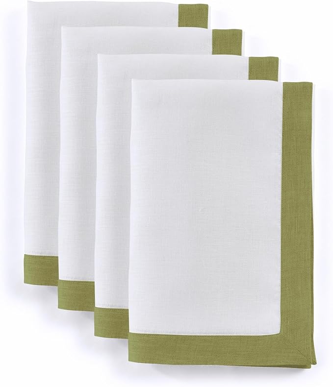 Solino Home Linen Napkins Set of 4-100% Pure Linen Avocado and White Dinner Napkins Cloth 20 x 20 Inch for Winter - Classic, Handcrafted and Machine Washable