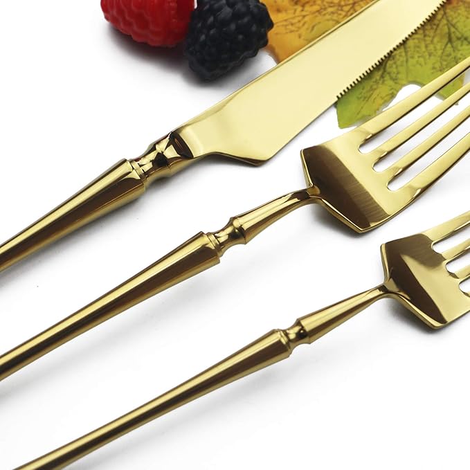 Gugrida Gold Silverware Set, 5-Piece 18/10 Stainless Steel Flatware Cutlery Set for 1,Mirror Finish Knives Forks Spoons, Ideal for Wedding Festival Party Home Kitchen, Dishwasher Safe