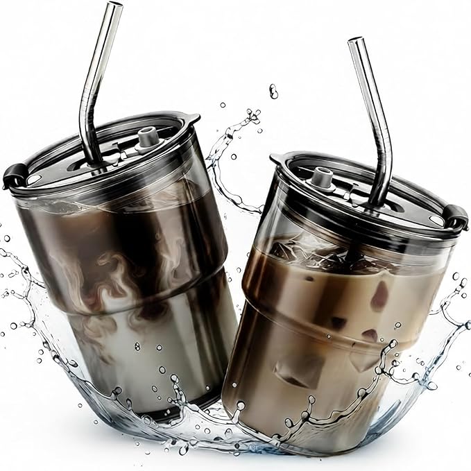 Lyghei 2 Packs Glass Tumbler with Lid and Straw 13 oz Cute Ice Coffee Cup Set Bulk Vasos de Vidrio Con Tazas Para Cafe Cocina Accesorios Home Bar Accessories New House Warming Gift Kitchen Stuff