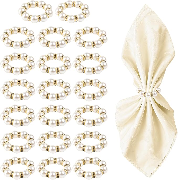 20PCS Gold Napkin Rings Imitation Pearl Napkin Rings Napkin Holder Elegant Round Napkin Buckles Beaded for Wedding Party Dinner Holiday Christmas Thanksgiving Day Home Table Decoration(White and Gold)