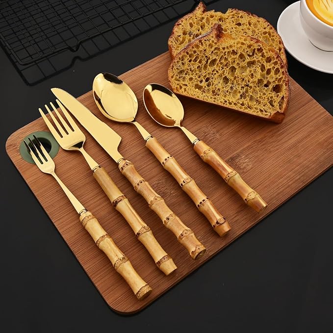 JASHII 20-piece Gold Stainless Steel Flatware Cutlery Set Silverware Knife Fork Spoon Set Bamboo Handle Dishwasher Safe for Dinner Buffet