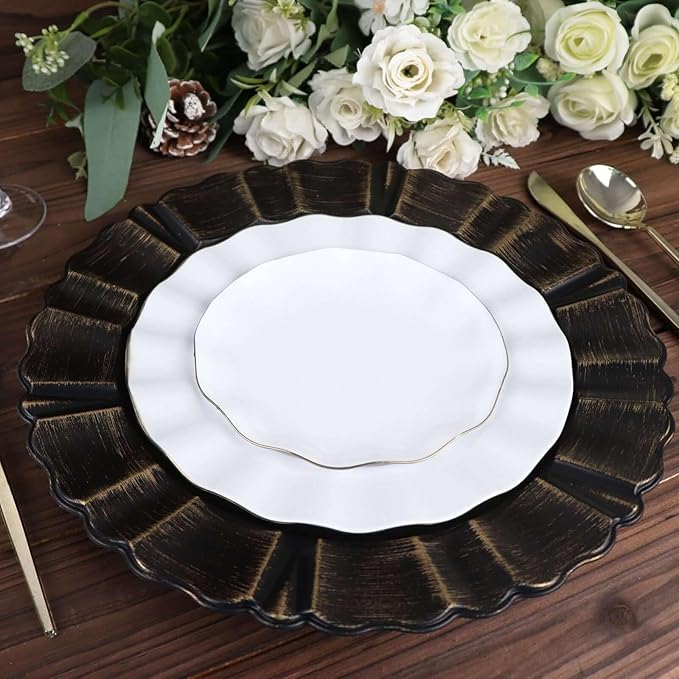 Efavormart Set of 6-13" Round - Black Plastic Charger Plates With Waved Scalloped Rim for Wedding, Outdoor Receptions, Banquets, Holiday Dinner plates Chargers