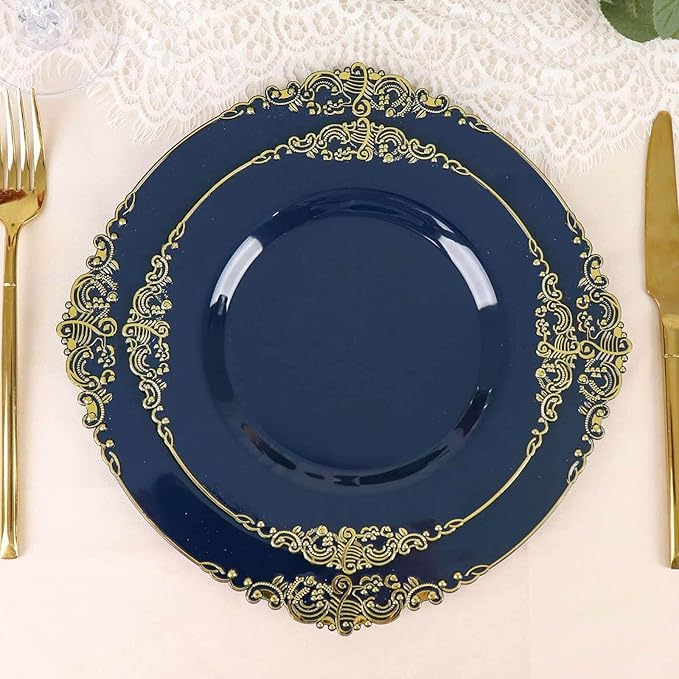 8" Salad Plates -Set of 30 - Plastic Navy Blue Round Baroque Disposable Chargers Leaf Embossed Rim, Ideal for Dinner Party Wedding Bulk Events