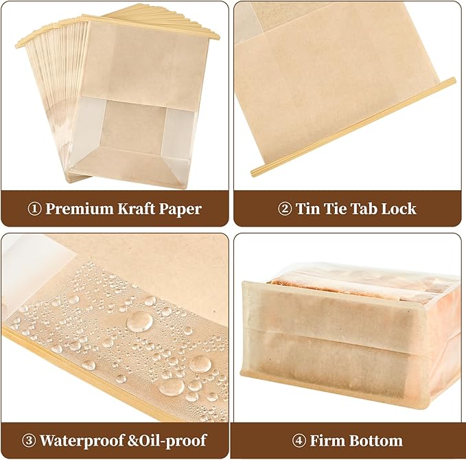 50 PCS Paper Bread Bags for Homemade Breads, 11 x 8.7 x 4.3 Inches Kraft Bakery Bags with Tin Tie Tab Lock Sourdough Bread Bags with Window Baked Foods Packaging Storage