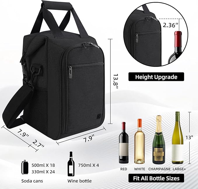 ALLCAMP 4 Bottle Wine Gift Bag - Insulated Tote Cooler, Adjustable Strap, Includes 4 Wine Glasses, Napkins & Corkscrew, Portable Travel Gifting (Black)