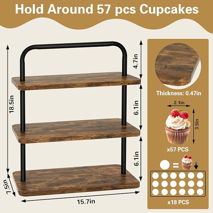 IBUYKE Wood Cupcake Stand,3 Tier Dessert Stand,Cupcake Stand for 50 Cupcakes,Cupcake Tower Dessert Display Stand for Party, Christmas, Wedding, Baby Shower, Serving Tray,Rustic Brown UTLJ013H