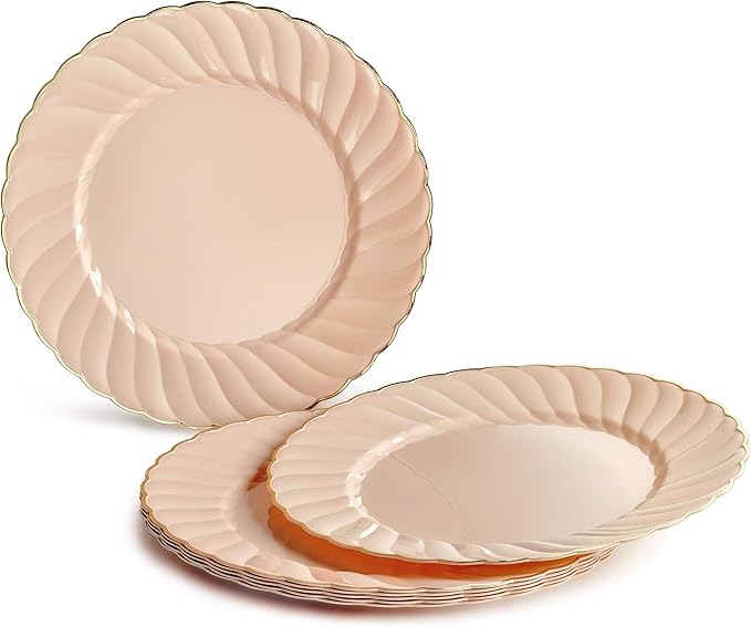 " OCCASIONS " 80 Plates Pack,(40 Guests) Premium Vintage Wedding Party Disposable Plastic Plates Set -40 x 10.5'' Dinner + 40 x 7.5'' Salad/Dessert(Blossom Blush Pink/Gold)