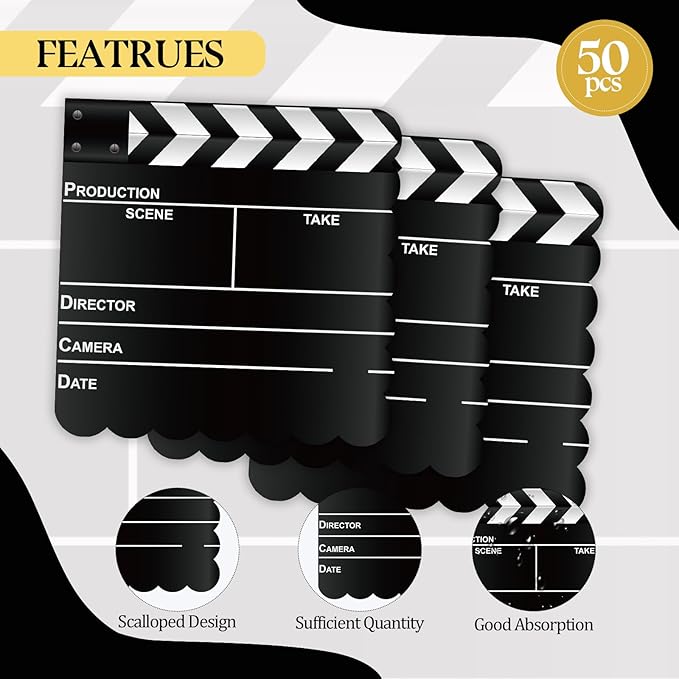 50Pcs Movie Night Scalloped Paper Napkins - Movie Theater Decor Napkins Disposable Film Themed Party Tissue for Birthday Awards Ceremony Hollywood Supplies