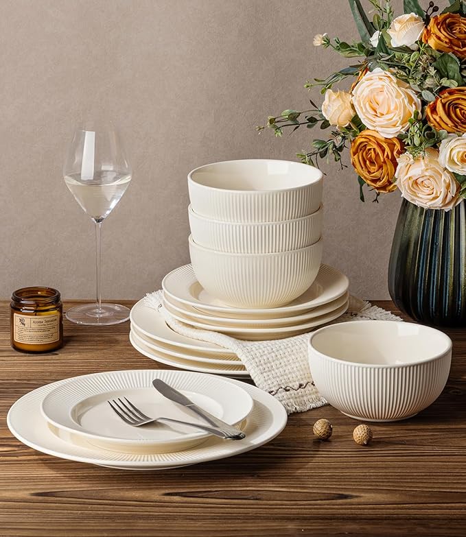 TheTerra Stoneware Dinnerware Sets for 6, 18 Pieces Ceramic Plates and Bowls Sets, Scratch Resistant Embossed Dish Set, Oven, Microwave & Dishwasher Safe, Beige