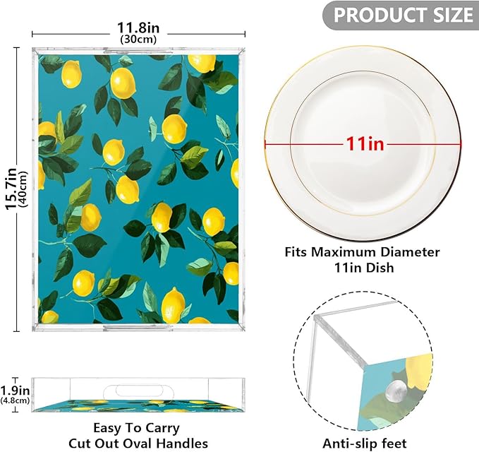 Serving Tray with Handles Clear Acrylic Tray 12x16 Inch Decorative Rectangular Tray Organizer for Ottoman Coffee Table Bathroom Teal Lemons