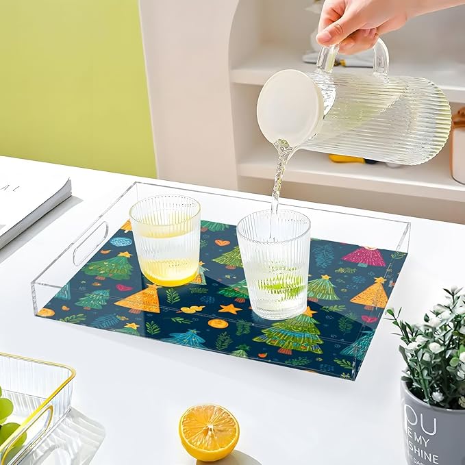 Serving Tray with Handles Clear Acrylic Tray 12x16 Inch Decorative Rectangular Tray Organizer for Ottoman Coffee Table Bathroom Blue Christmas Tree and Love Star