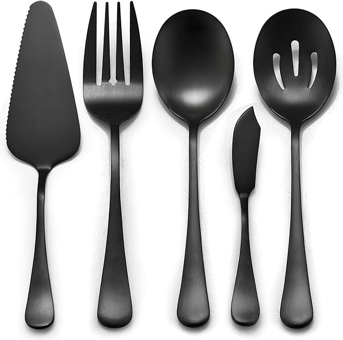 LIANYU 5-Piece Matte Black Serving Utensils Set, Stainless Steel Flatware Serving Set, Ideal for Buffet Catering Party, Satin Finish, Dishwasher Safe