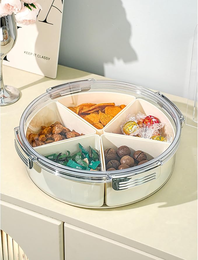 Beige Silver Round Plastic Divided Serving Tray with Lid, 5 Compartments Snack Tray Serving Platter for Biscuits, Fruit, Veggie, Candies and Hot Pot1