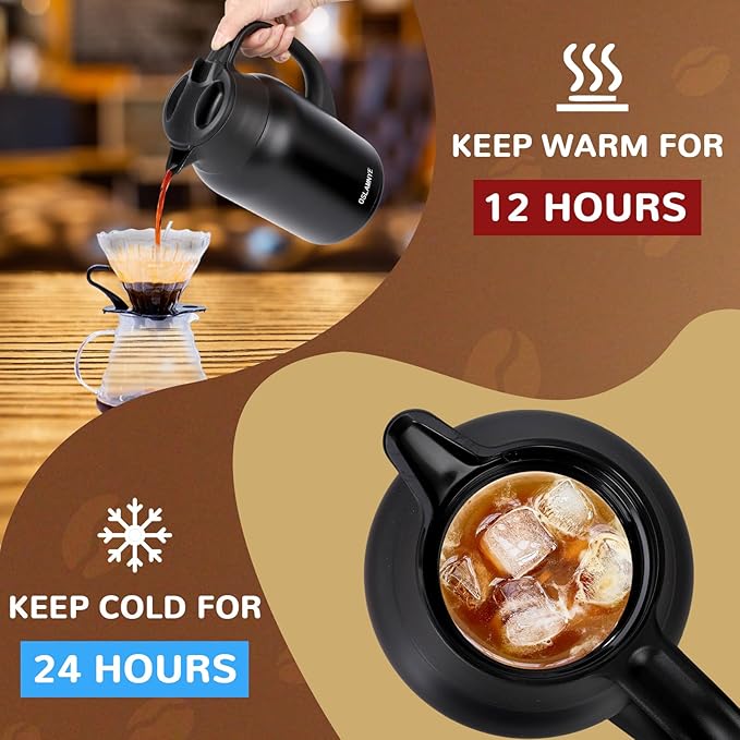 68 oz Coffee Carafe for Keeping Hot - 12 Hour Hot Drinks and 24 Hour Cold Drinks Stainless Steel Insulated Pot with Anti-Drip Spout, 316 Food Grade Thermal carafe Pot for Home/Camping/Office Black