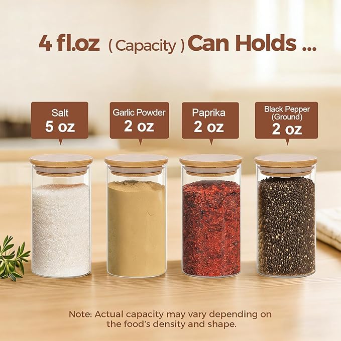 ComSaf Spice Jars with Label，4 oz Glass Spice Jars with Bamboo Lid, 16 Pcs small Seasoning Containers with 54 Black Lables, Empty Seasoning Jars for Pantry Storage, Loose Tea, Herbs, Powders, Salt
