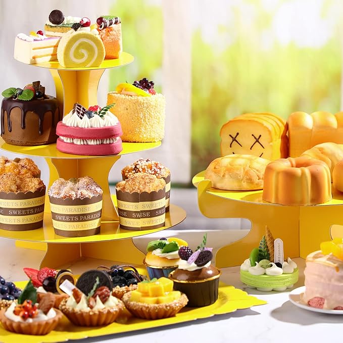 Zopeal 7 Pcs Dessert Table Display Set 3-Tier Cupcake Stand 1-Tier Cup Cake Display Tower Platters and Serving Trays Cardboard Cake Cookie Holders for Wedding Birthday Party Baby Shower(Yellow)