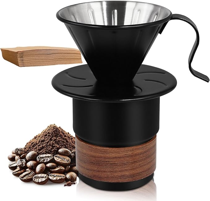 Uncoated Pour Over Coffee Maker 300ml Portable Cup 304 Thickened Stainless Steel Drip Coffeemaker Set with 50pcs V60 Cone Paper Filters Hand Brew Dripper Carafe for Home Camping Travel 10.2oz Black
