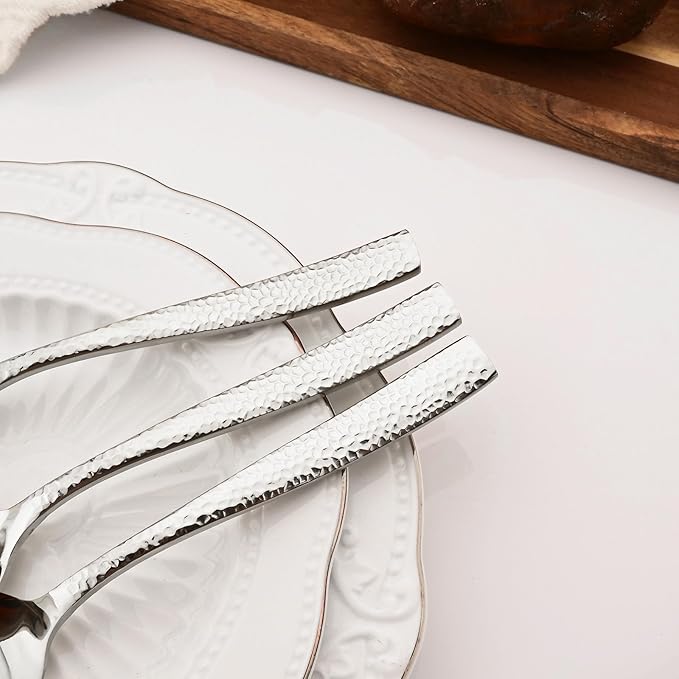 6 PCS Hammered Serving Utensils, Uniturcky Stainless Steel Serving Spoons Set, Square and Thick Hostess Serving Set, Includes 2 Serving Spoon 2 Serving Fork and 2 Slotted Spoon, Mirror Silver