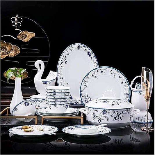 Dinnerware Set Dinner Party Tableware Service Set Ceramics Dinnerware Set with 48-Piece, Bowl/Stockpot/Dish/Spoon|Bone China Dinner Sets, Blue and White Pattern Porcelain Combination Set