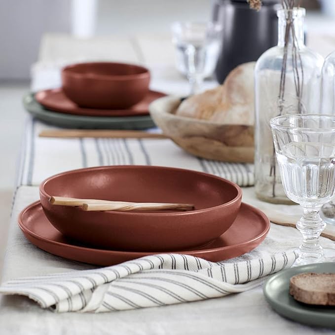 Casafina Ceramic Stoneware 18-Piece Place Setting Service for 6 with Pasta Bowls - Pacifica Collection, Cayenne | Microwave & Dishwasher Safe Dinnerware Set | Food Safe Restaurant Quality Tableware