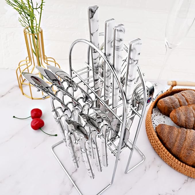 24Pcs White Imitation Marble Pattern Handle Flatware Silverware Set with Stand, Stainless Steel Cutlery Set for 6, Square Handle Eating Utensils, Mirror Polished