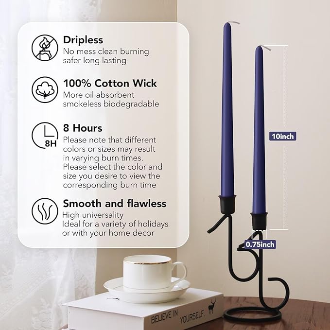 New Burning Formula Unscented Dripless 10-Inch Taper Candles Set of 12 - Navy Blue, for Wedding, Dinner - Smokeless, Long Burning - Hand Poured, Colored Tall Candlesticks - Azul Marino
