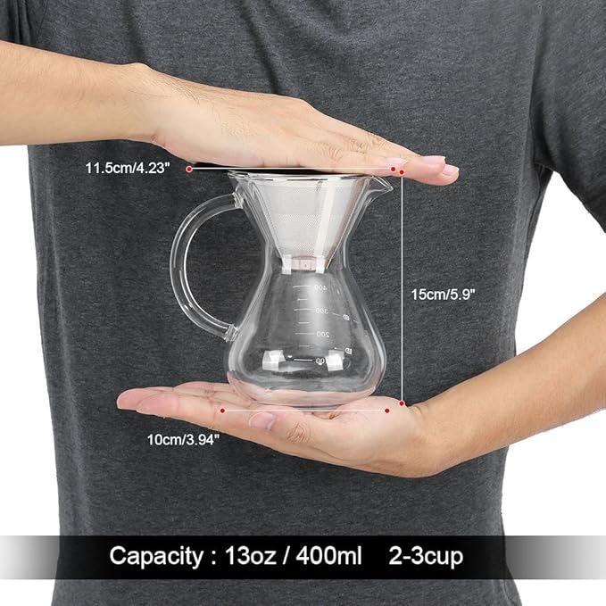 Pour Over Coffee Maker, 13oz Borosilicate Glass Brewer with Permanent Stainless Steel Filter - Complete Dripper Set for 1-2 Cups, Ideal for Home, Camping & Cafe Use