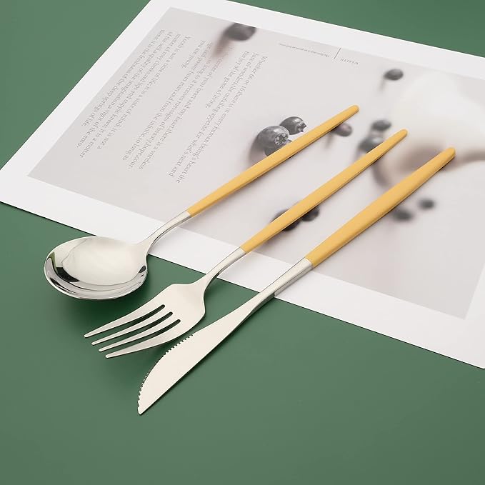 Silverware Set, 24 Pcs Stainless Steel Flatware Cutlery Set, Knives Forks and Spoons Set with Colored Handles, Rust-proof Serving Utensils, Mirror Polished, Service for 6 (Silver+Yellow)