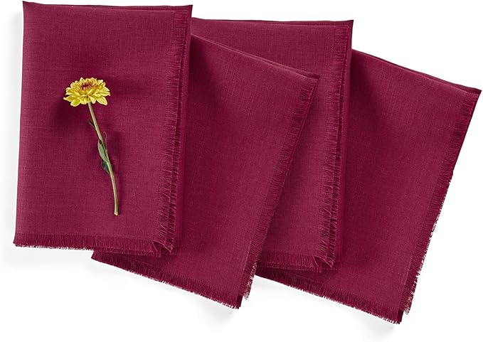 Solino Home Beet Linen Napkins Set of 4-100% Pure Linen Fringe Dinner Napkins 20 x 20 Inch for Christmas, Holiday, Winter, New Year