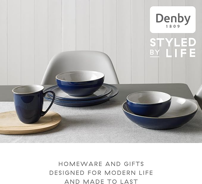 Denby - Elements Dark Blue Dinner Set For 1-4 Piece Ceramic Tableware - Dishwasher Microwave Safe Crockery Single Place Setting - 1 x Dinner Plate, 1 x Small Plate, 1 x Cereal Bowl, 1 x Coffee Mug