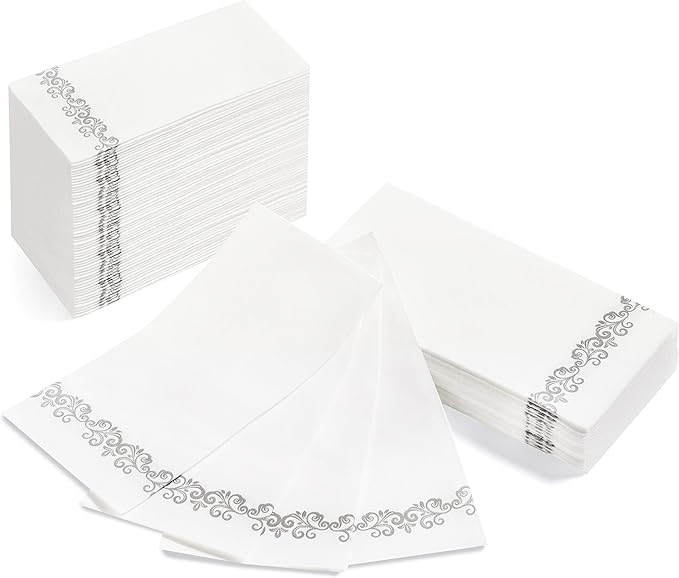 AMERICAN HOMESTEAD Disposable Hand Towels for Bathroom - Decorative Silver Vintage Design - Linen-Like Guest Napkins for Events, or Dinner Parties - Paper Towels - 15.5" x 12" - 100 Count