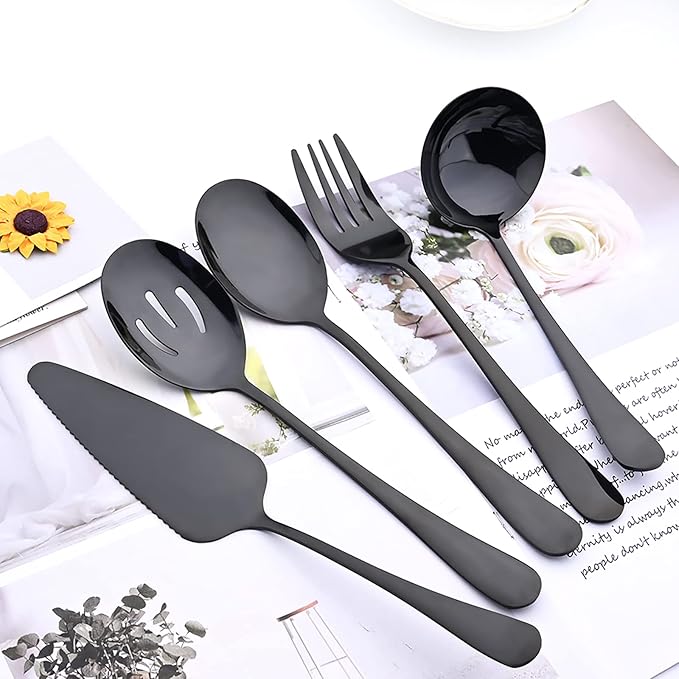 35-Piece Black Silverware Set For 6, Premium Stainless Steel Cutlery Serving Utensils, Modren & Classic Tableware For Home Kitchen Restaurant Party, Mirror Finish, Dishwasher Safe
