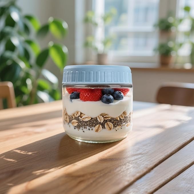 Overnight Oats Containers with Lids, 10oz Glass Jars with Lids 4 pcs, Light Blue, Wide Mouth Mason jars for Salad, Yogurt, Snacks, Meal Prep