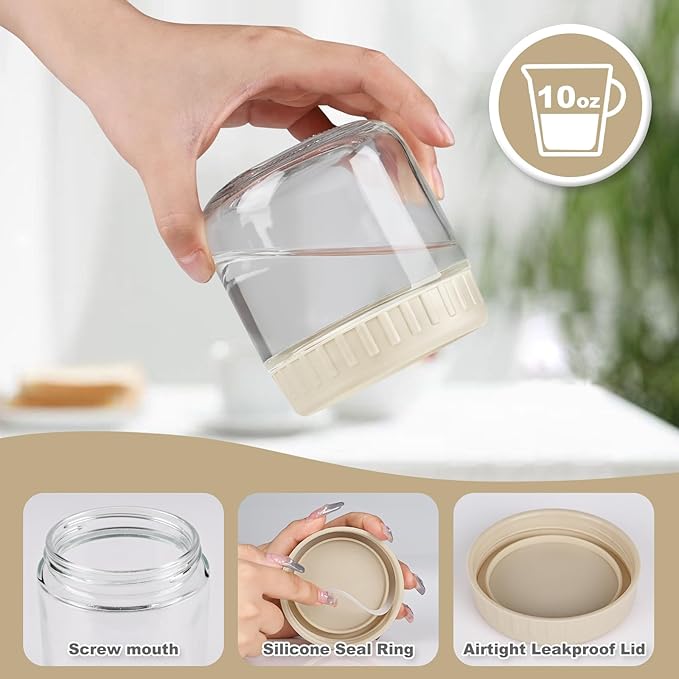 Overnight Oats Containers with Lids, 10oz Glass Jars with Lids 2 pcs, Apricot, Wide Mouth Mason jars for Salad, Yogurt, Snacks, Meal Prep