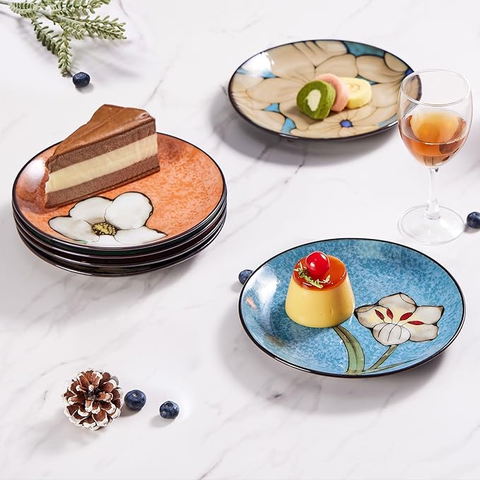 Ceramic Salad Plates Set,8 in - Plates Set of 6 - For Steak,Salad, Pasta,Appetizer, Serving Etc - Dishwasher, Microwave, and Oven Safe, Scratch Resistant, Smooth Glaze (Multicolor A, 8 Inch)