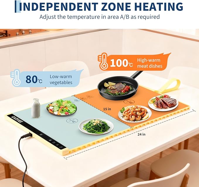 GarveeHome Food Warming Mat for Countertop, 24x15 Inch Dual Zone Electric Warming Tray with Timer & 6 Temp Settings, Portable Food Warmer for Parties Buffets Home Daily Use, Beige