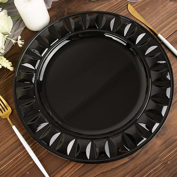 Efavormart 6 Pack | 13" Black Round Bejeweled Rim Plastic Dinner Serving Trays, Disposable Charger Plates