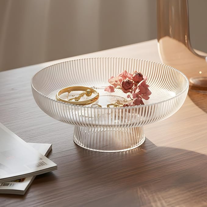Large Glass Fruit Bowl for Kitchen Counter Decorative Centerpiece Bowl for Table Home Déco, Clear Ribbed
