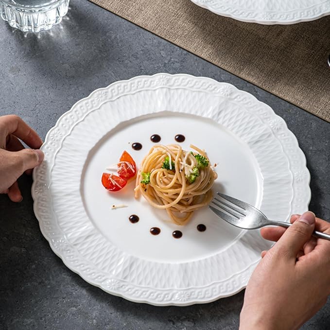 White Appetizer Plates, Sturdy Round Ceramic Flat Dish, Modern Decorative Dinnerware for Wedding Birthday Party, Microwave Dishwasher Safe(Size:25.2 * 25.2 * 0.8CM)