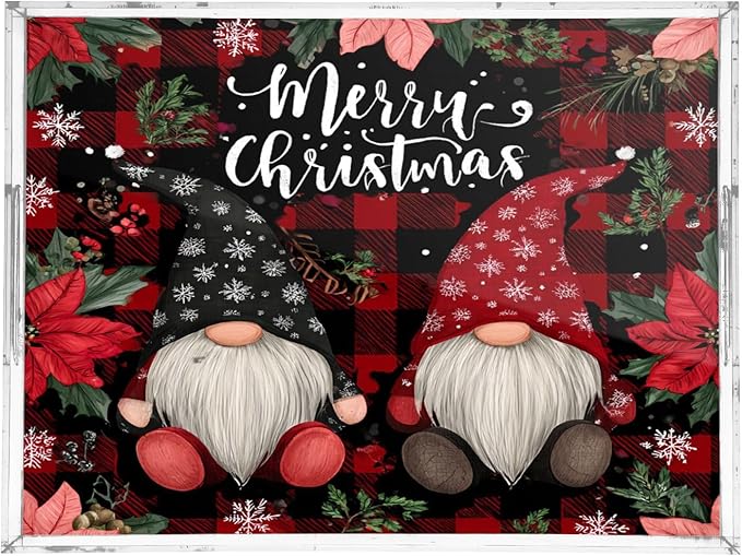 Serving Tray with Handles Clear Acrylic Tray 12x16 Inch Decorative Rectangular Tray Organizer for Ottoman Coffee Table Bathroom Red Black Checkered Christmas Gnomes Holly