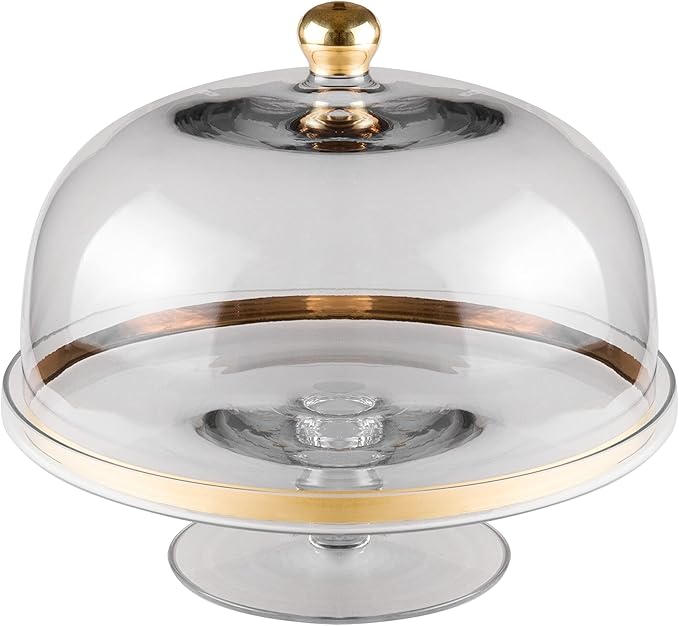 Unknown1 Cake Stand Dome W/Gold Rim Knob-11.75" d 11.75" Clear Round Glass 2 Piece Dishwasher Safe