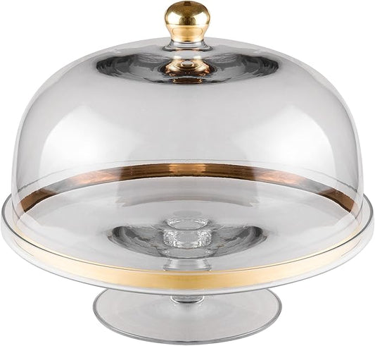 Unknown1 Cake Stand Dome W/Gold Rim Knob-11.75" d 11.75" Clear Round Glass 2 Piece Dishwasher Safe