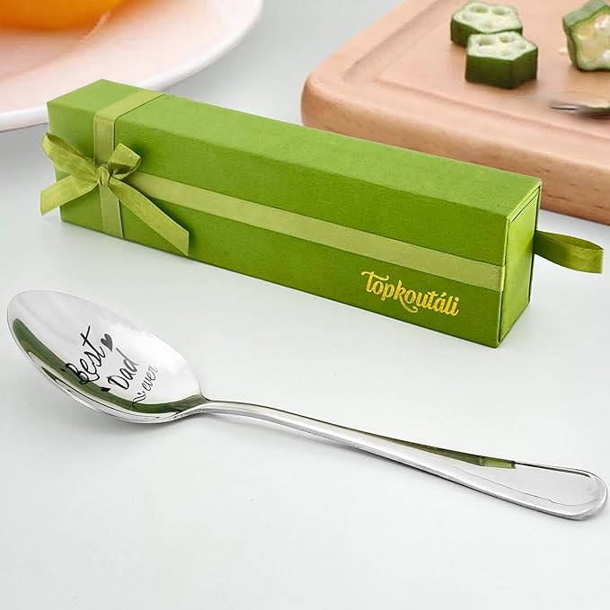 Engraved Stainless Steel Spoon Gift Best Dad Ever Spoon Dessert Spoon Ice Cream Spoon Dinner Spoon With Gift Box For Men Dad Grandpa Husband Birthday Father's Day