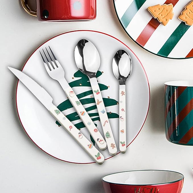 Christmas Flatware Kitchen Utensil Reusable Food Serving Utensils Stainless Steel Flatware Xmas Cutlery for Kitchen Christmas, Fork Knife Spoon Set