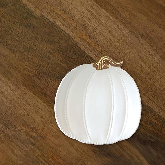 Mary Square Fall Harvest 8 Inch Glossy Textured Ceramic Appetizer Serving Dish Plate, Classic White, Gold Tone, Pumpkin Design