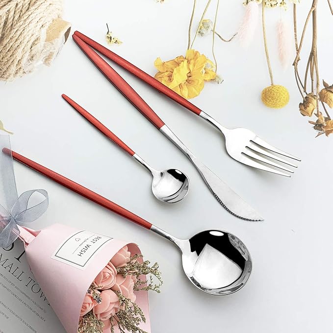 JASHII 24 Piece Titanium Red Plated Stainless Steel Flatware Set,Red Handle With Silver Mouth Utensils Set, Red With Silver Cutlery Set Service for 6 (Red Handle, Shiny Silver)