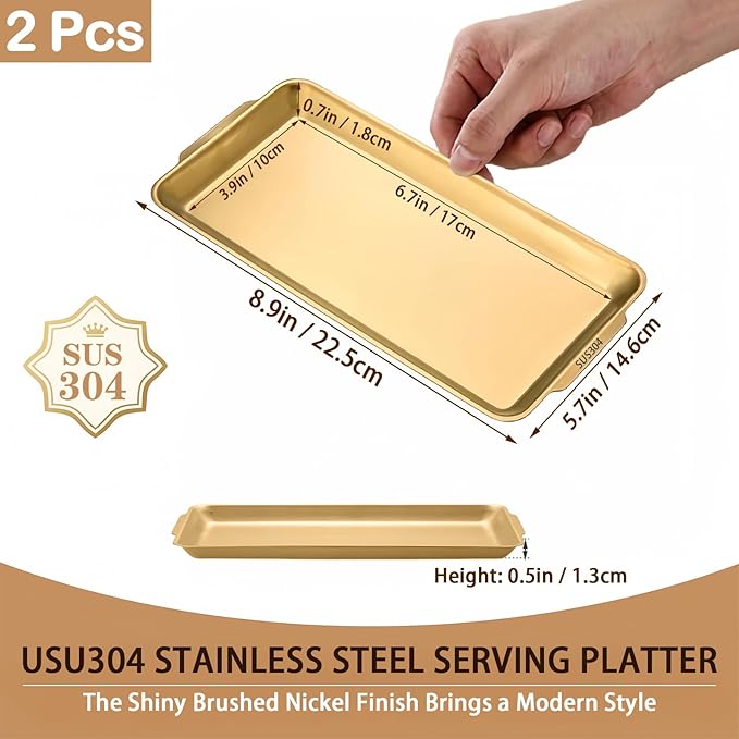 Gold Tray for Coffee Table, 304 Stainless Steel Serving Tray, 8.9" Vanity Organizer Tray for Camping, BBQ, Party, Buffet, Appetizer, Bathroom Supplies