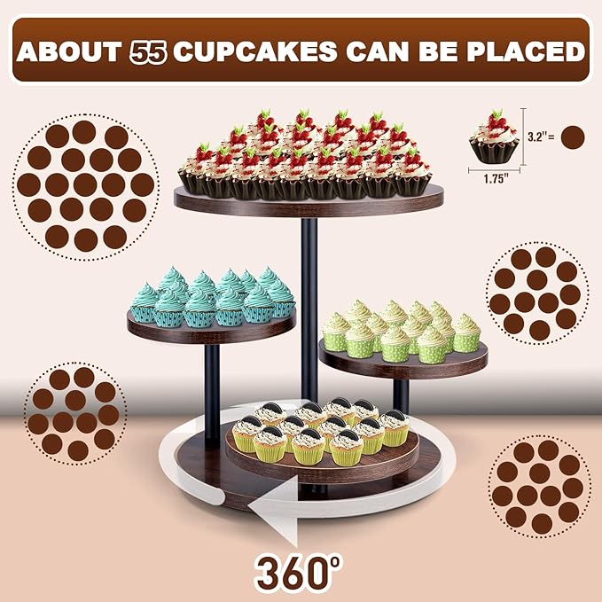 Cupcake Stand, 4 Tier Round Wood Cupcake Tower Stand for 50 Cupcakes, Rotatable Wooden Tiered Display Stand with Tiered Tray, Rustic Cupcake Stands for Birthday Wedding Baby Shower Graduation Party